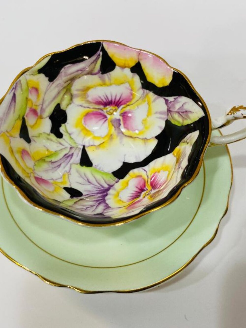 Rare Paragon Bone China Tea Cup Saucer Black Green Pansy Double Warrant